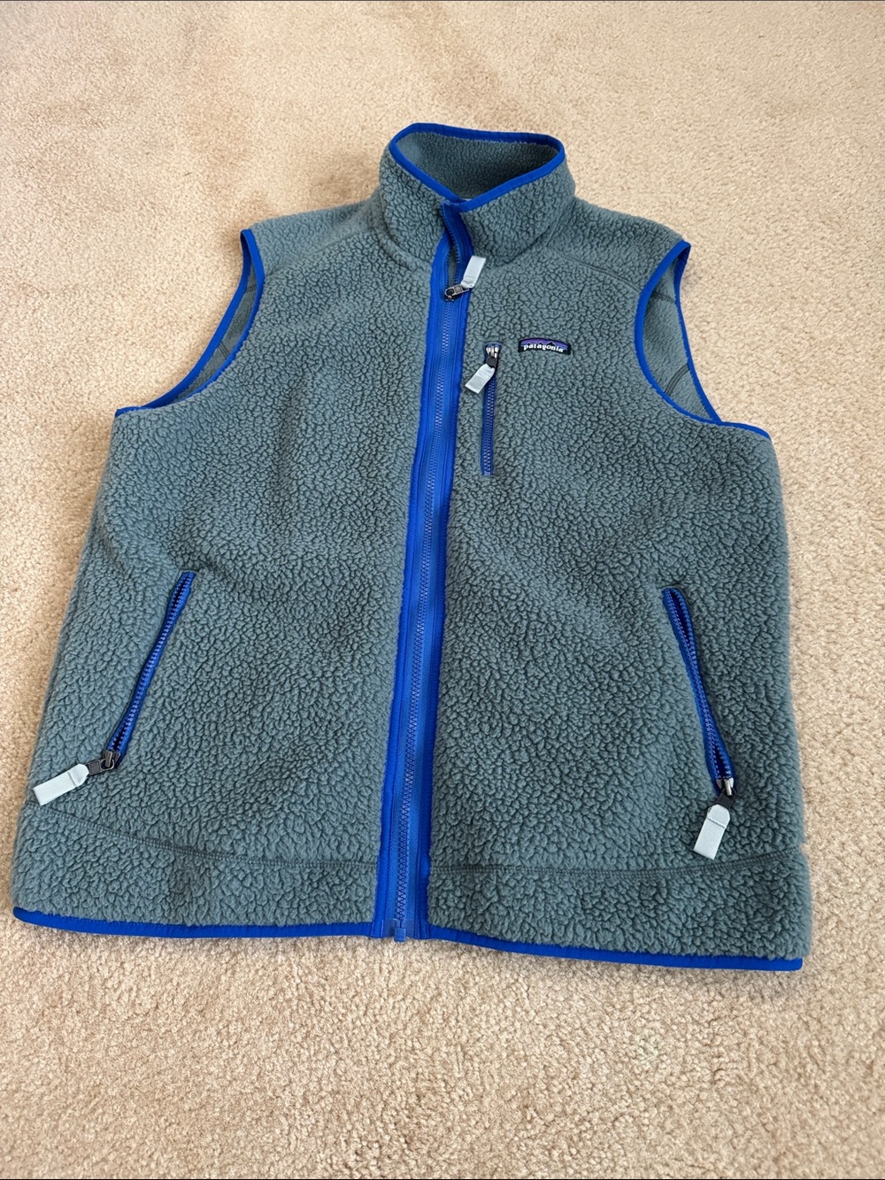 Patagonia Gray Fleece Vest with Blue Trim